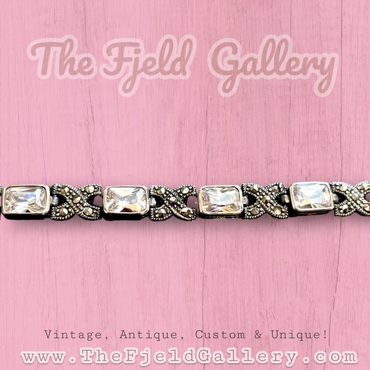 Vintage Sterling Silver, White Topaz & Marcasite Tennis Bracelet