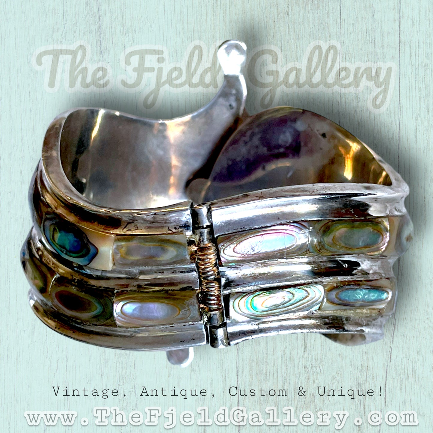 Vintage Sterling Silver & Abalone Mexican Hinged Clamper Bracelet