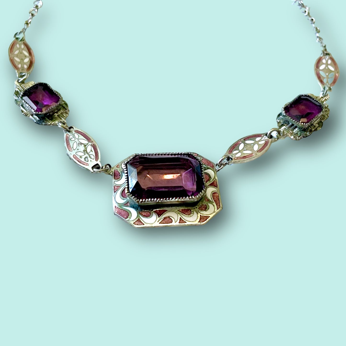 Art Deco Purple Art Glass & Enamel Necklace