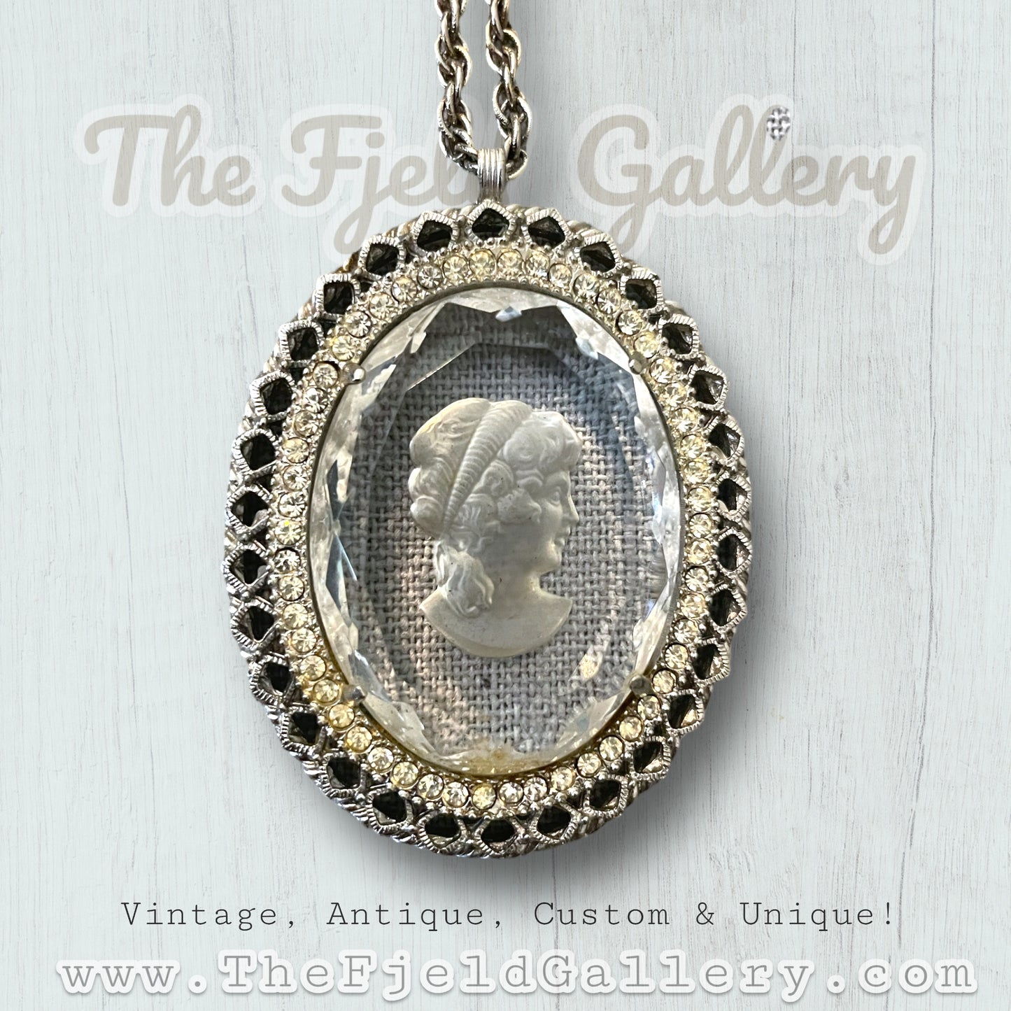 Vintage 1950’s Intaglio Cameo Clear Faceted Glass in Crystal Rhinestone Silver Setting Necklace