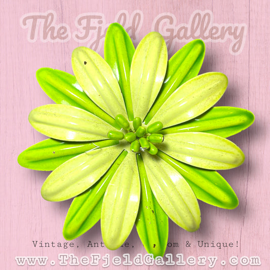 Vintage Lime Green & Yellow Enamel Large Metal Daisy Flower Brooch