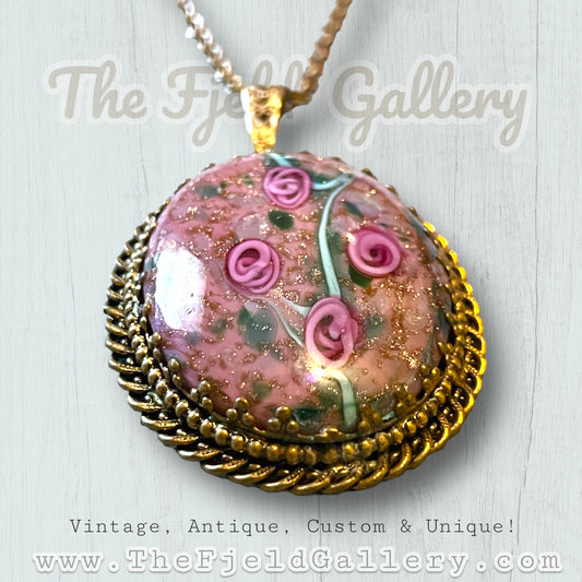 West German Purple & Gold Foil Rose Flower Art Glass Cabochon in Gilded Gold Brass Setting Necklace