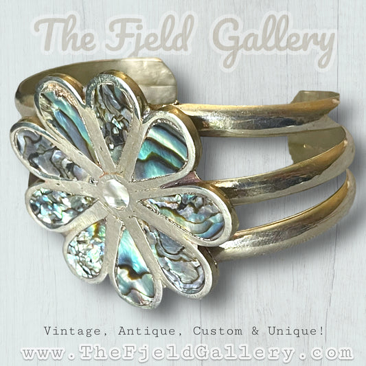 Vintage Sterling Silver Abalone Daisy Flower Cuff Bracelet