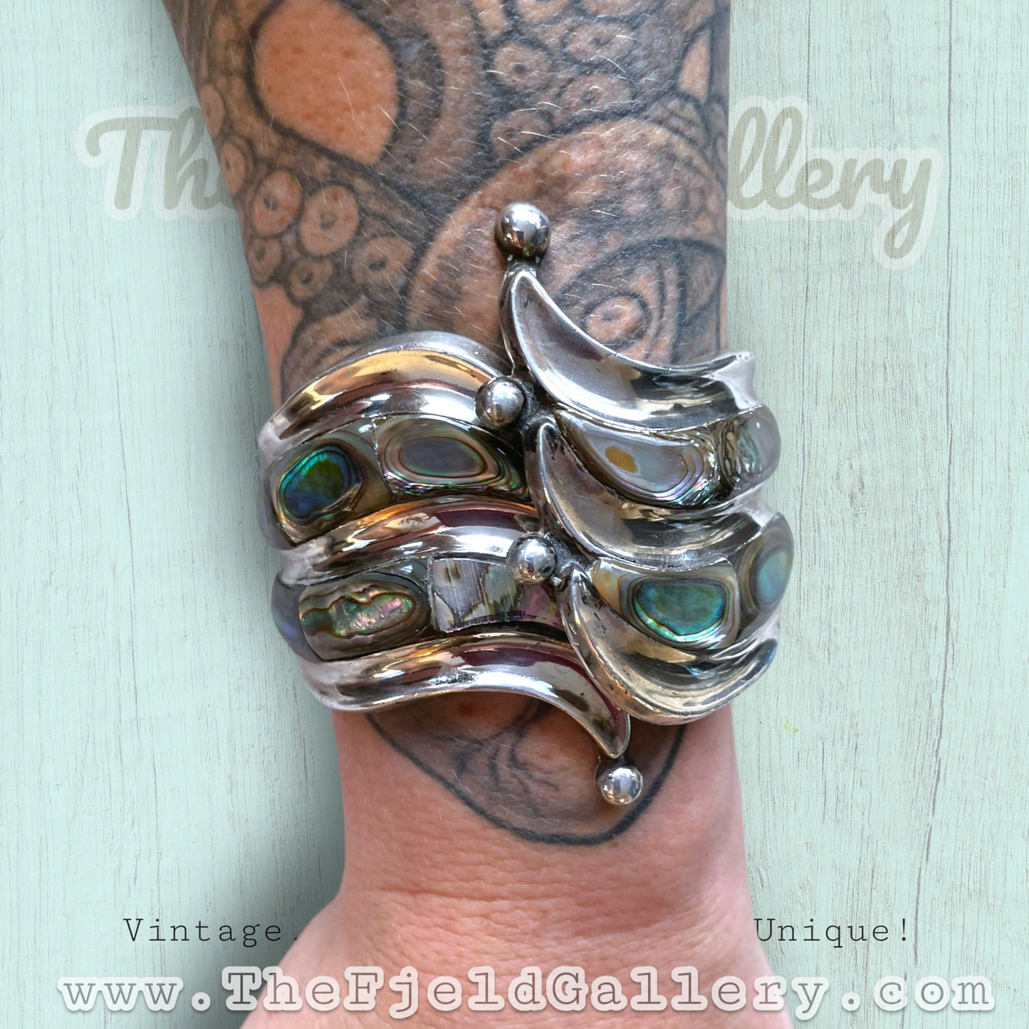 Vintage Sterling Silver & Abalone Mexican Hinged Clamper Bracelet