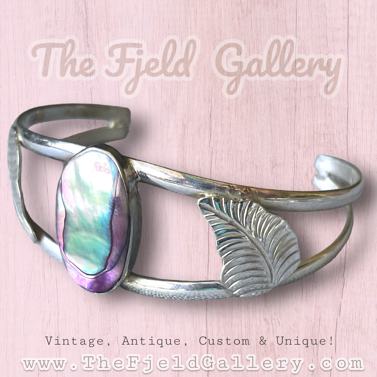 Vintage Sterling Silver Abalone Shell Leaf Cuff Bracelet