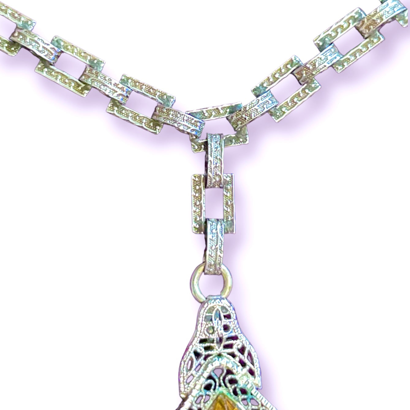 Citrine Czech Geometric Art Glass in Silver Filigree Necklace