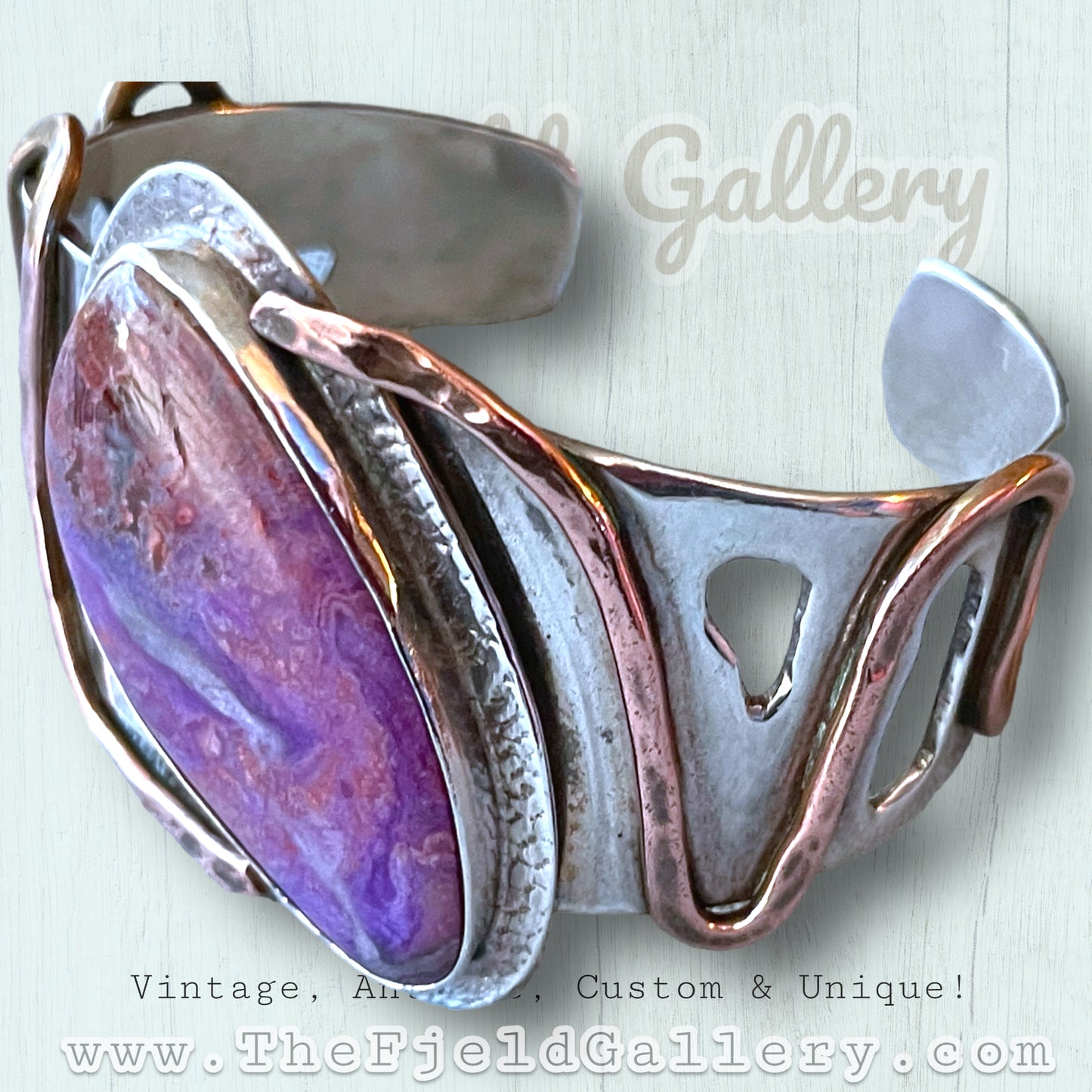 Vintage Sterling, Copper & Brass Purple Jasper Gemstone Cuff Bracelet