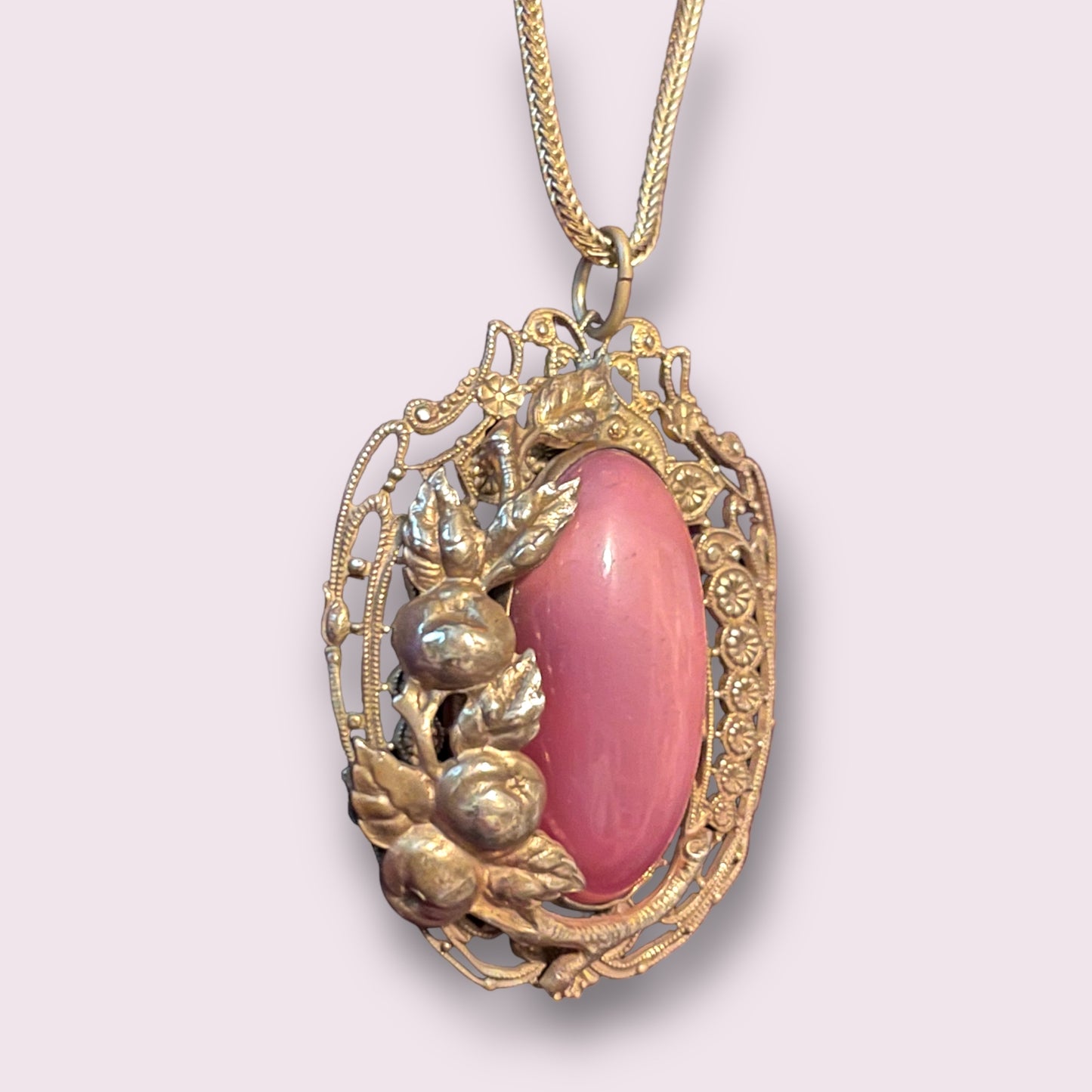 Art Nouveau Brass Floral Set Pink Cat Eye Necklace