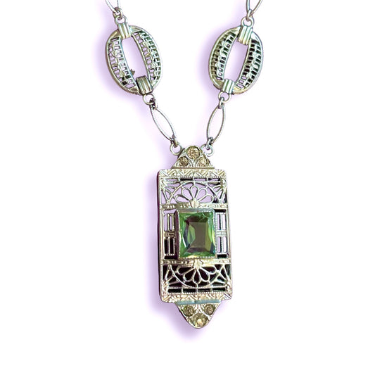Art Nouveau Sterling Silver Filigree Necklace with Aquamarine Art Glass