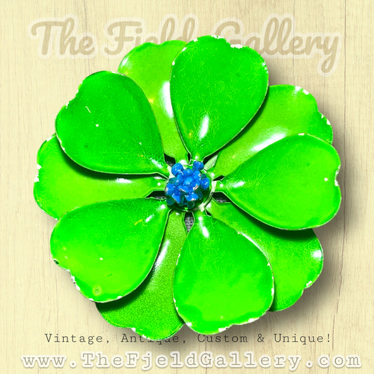 Vintage Electric Lime Green & Blue Enamel Metal Flower Brooch