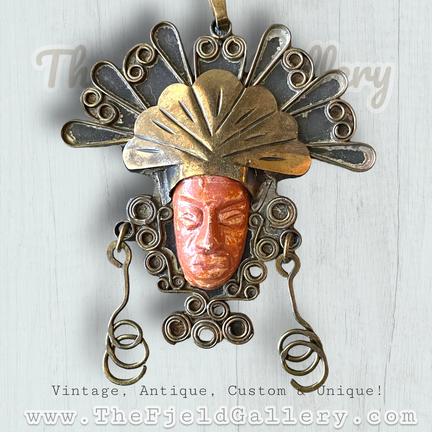 Copper & Brass Orange Stone Carved Face Mask Mexican Necklace