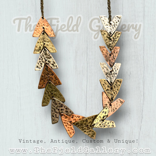Vintage Mixed Metal Copper, Brass & Silver Geometric Arrow Necklace