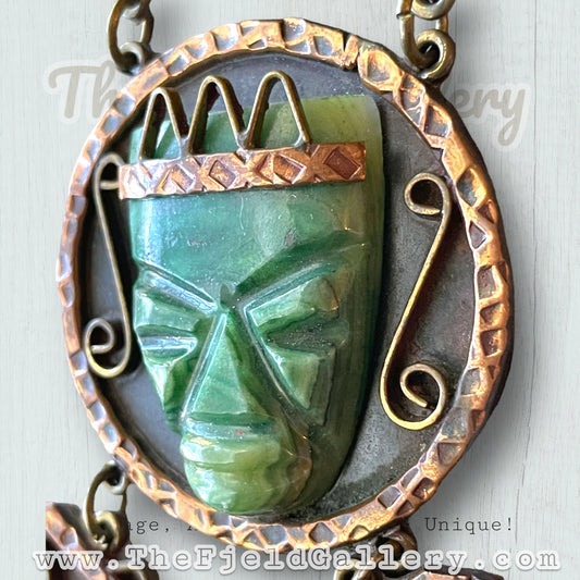 Vintage Green Jadeite Carved Face Mask Copper Necklace