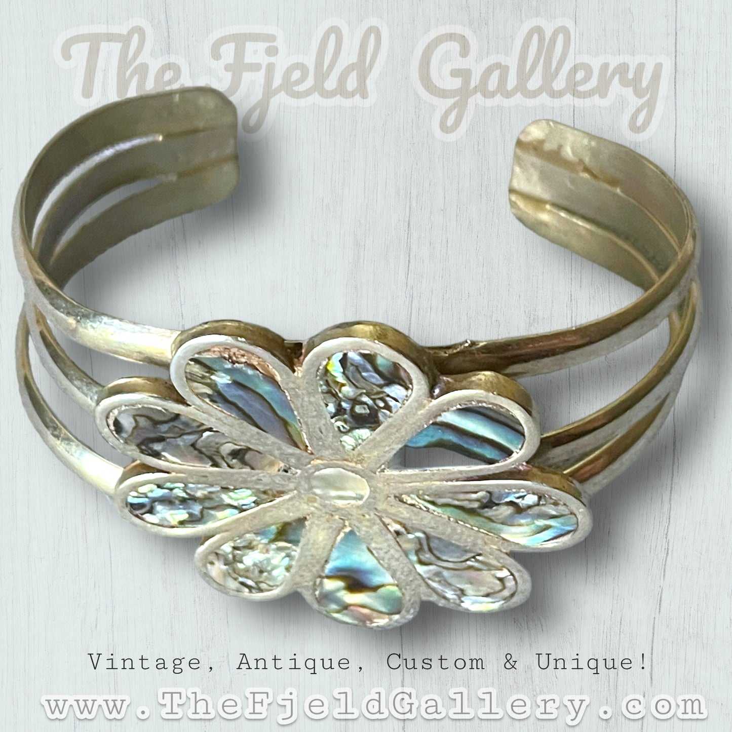 Vintage Sterling Silver Abalone Daisy Flower Cuff Bracelet