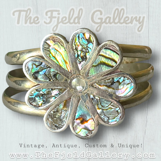 Vintage Sterling Silver Abalone Daisy Flower Cuff Bracelet