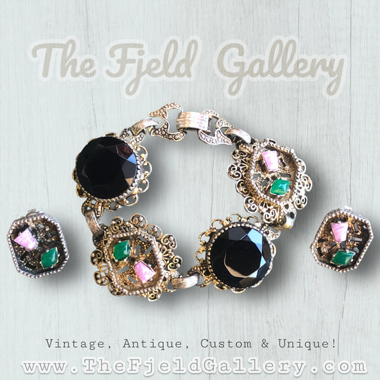 Vintage Pink Rhodonite, Green Chrysoprase & Black Onyx Art Glass Gold Bracelet & Earring Set