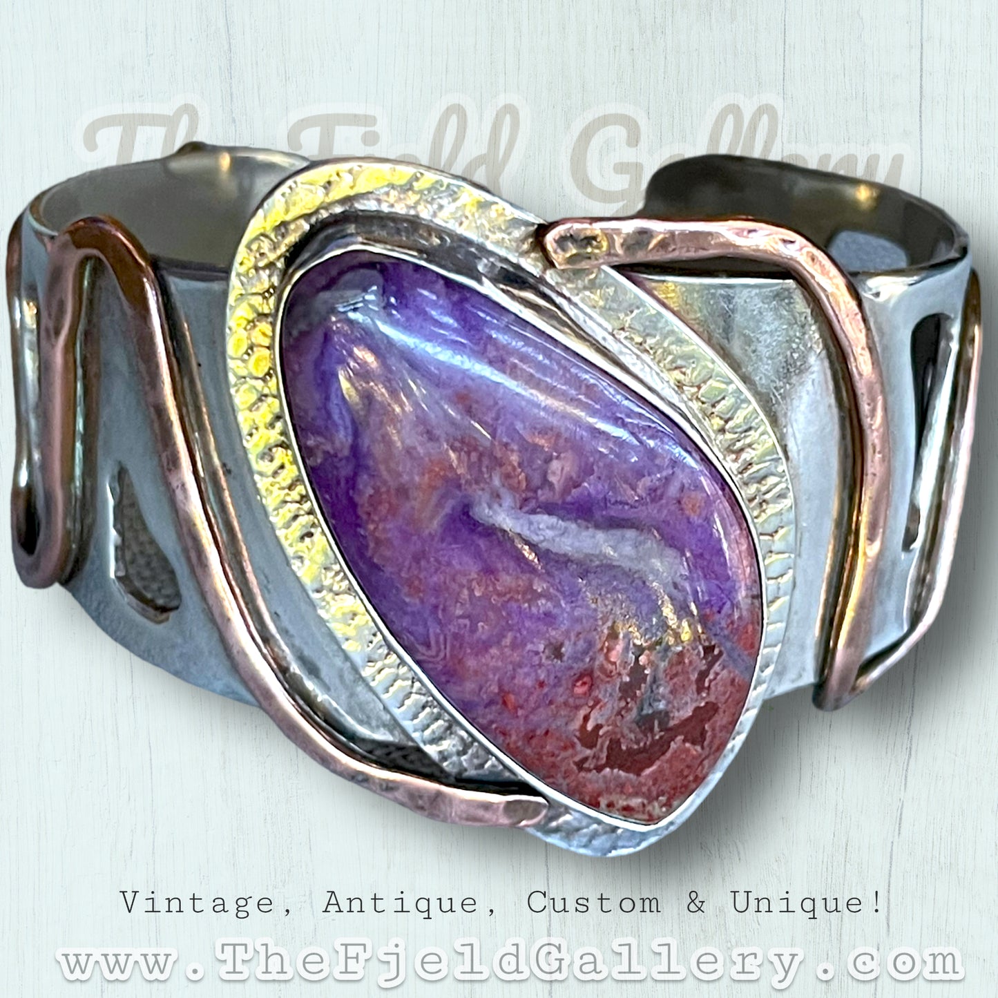 Vintage Sterling, Copper & Brass Purple Jasper Gemstone Cuff Bracelet