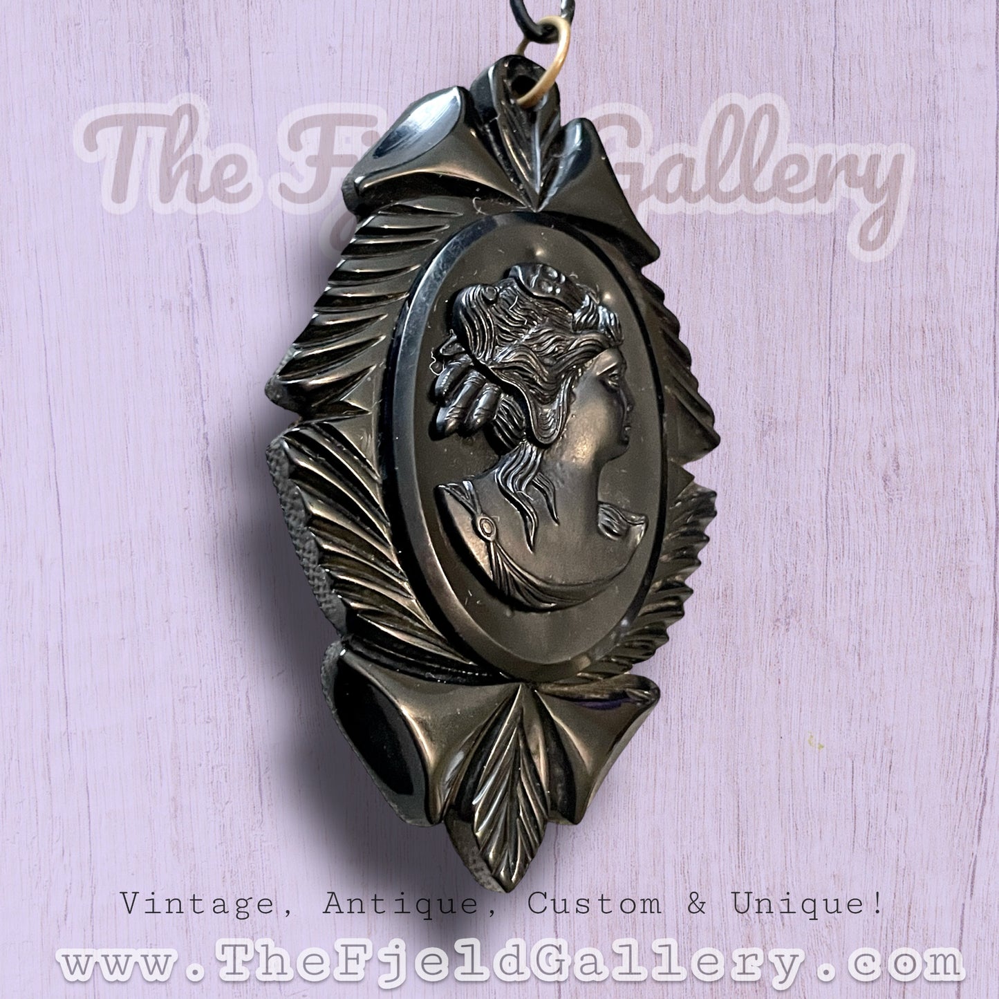 Victorian Bakelite Black Mourning Cameo Necklace