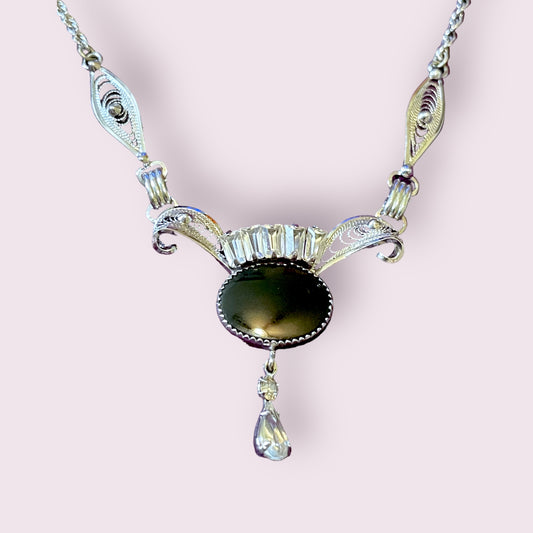 Vintage Onyx & Crystal Amy Lee Sterling Filigree Necklace