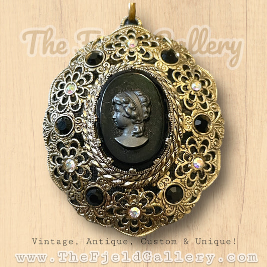 West German 1940’s Gilded Gold Brass Filigree Black Mourning Cameo Necklace