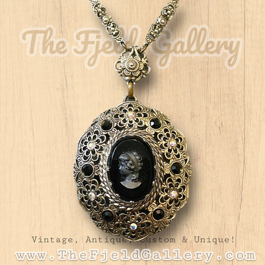 West German 1940’s Gilded Gold Brass Filigree Black Mourning Cameo Necklace