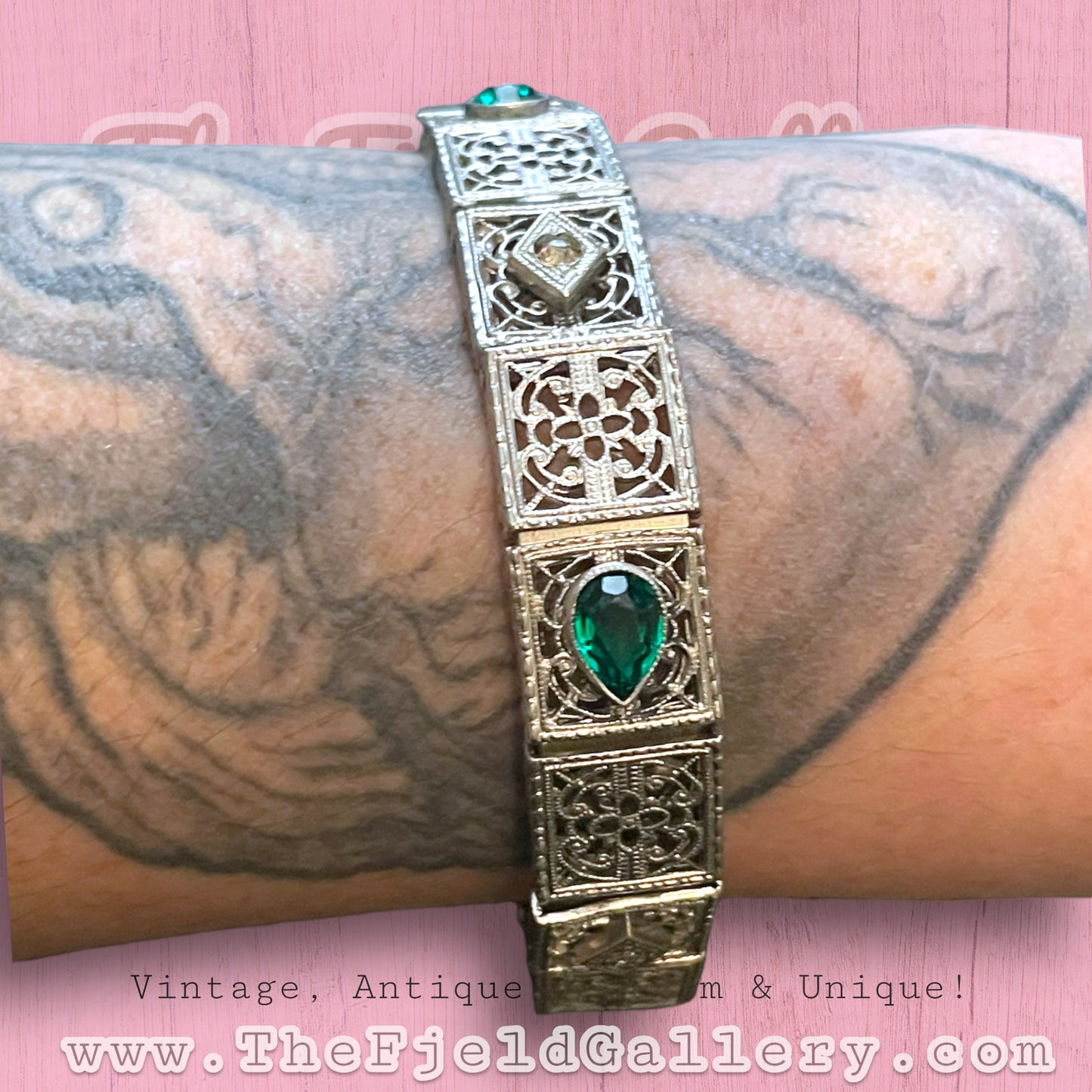 Antique Rhodium Plated Silver Filigree Bracelet with Emerald & White Crystal Bezel Set