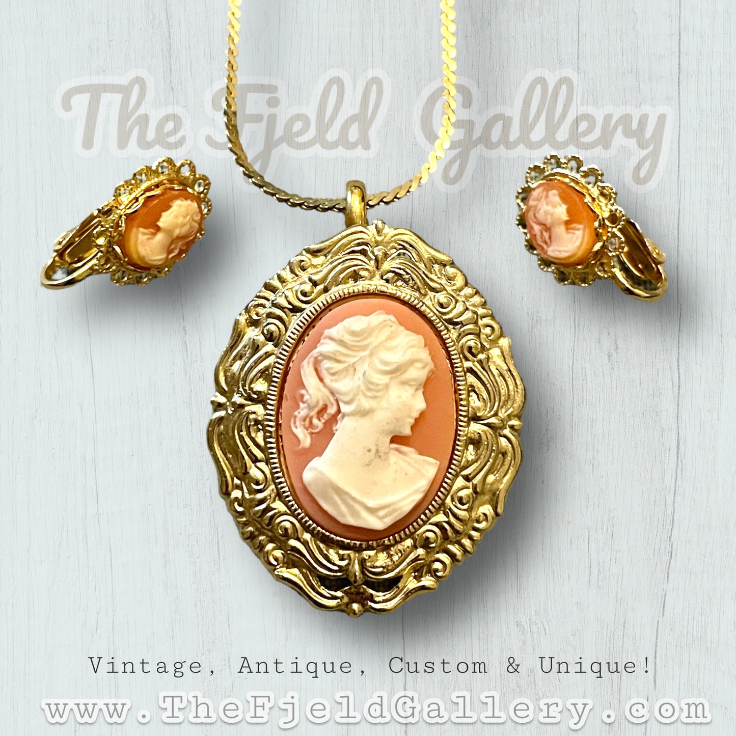 Vintage Orange & Cream Celluloid Cameo Necklace & Earring Set