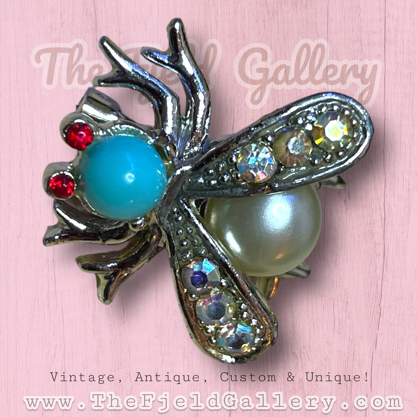 Vintage Turquoise & Ruby Aurora Borealis Crystal Rhinestone Fly Insect Brooch