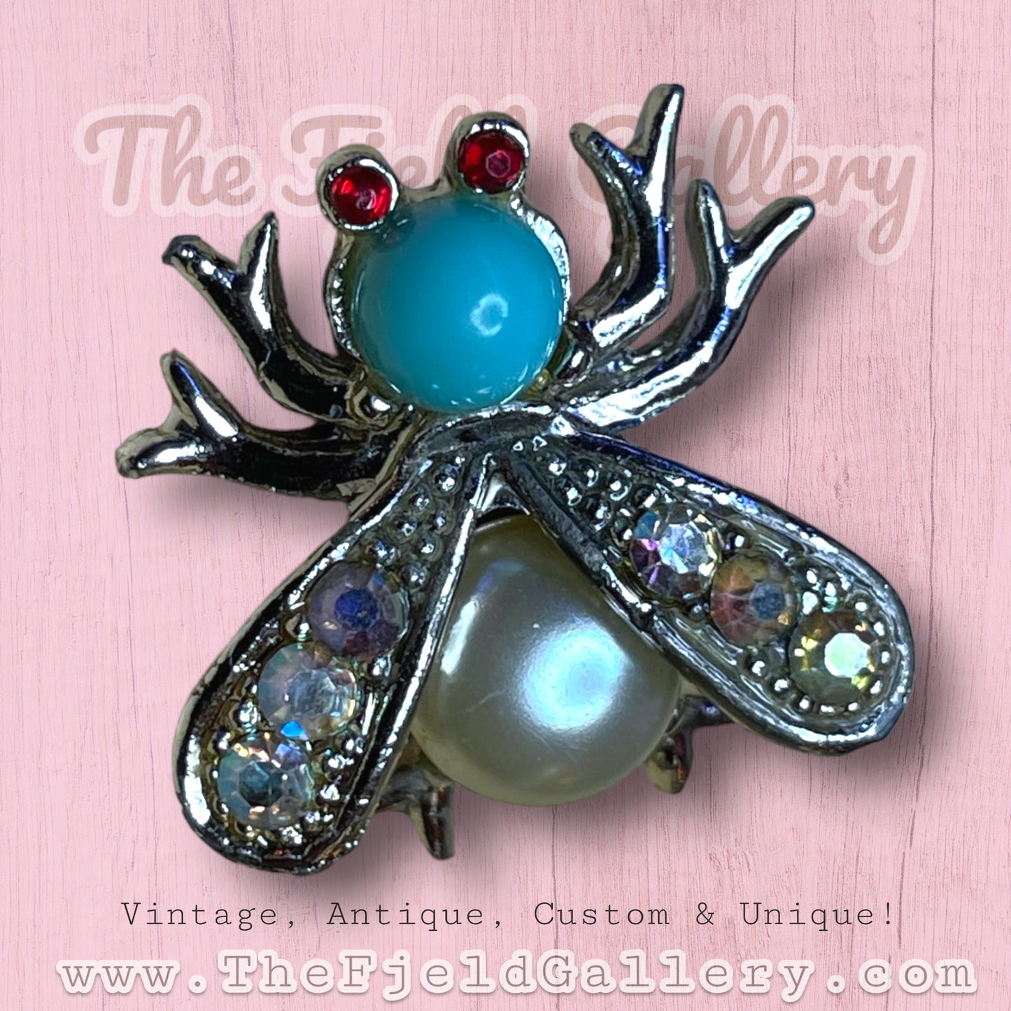 Vintage Turquoise & Ruby Aurora Borealis Crystal Rhinestone Fly Insect Brooch