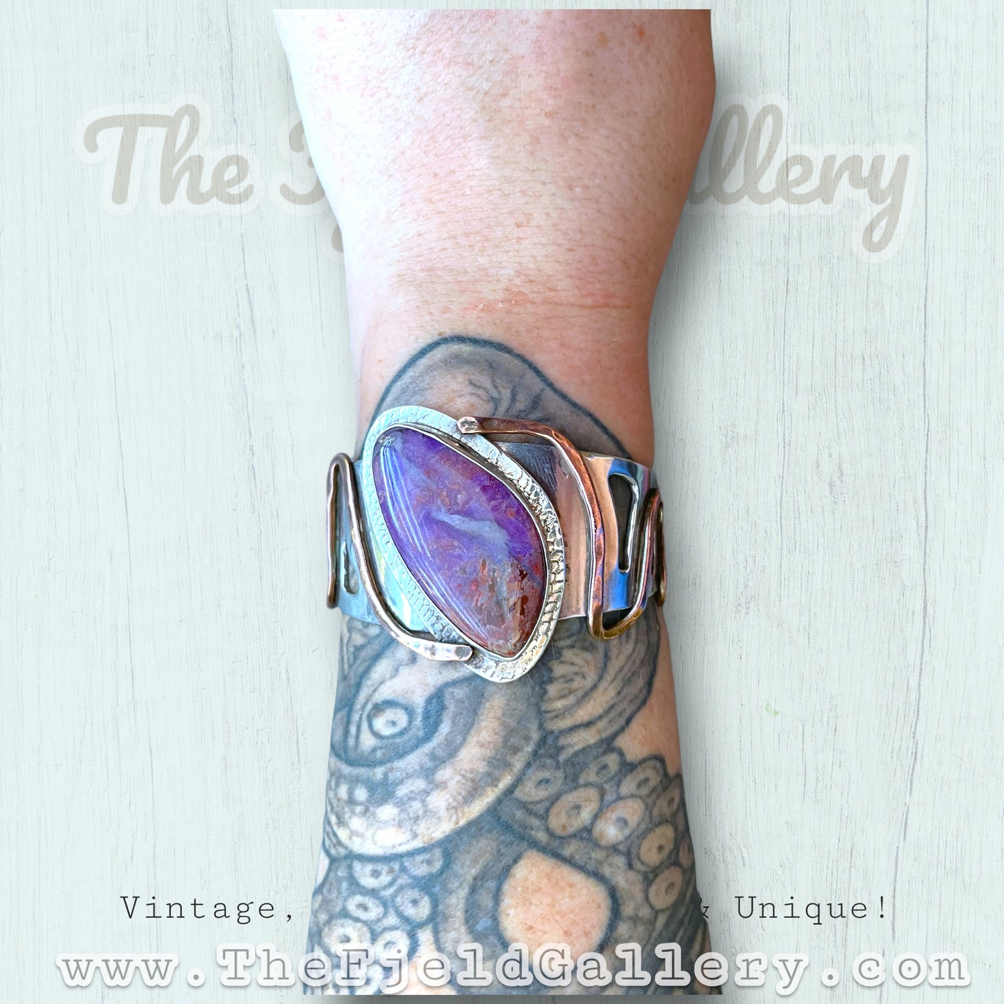 Vintage Sterling, Copper & Brass Purple Jasper Gemstone Cuff Bracelet