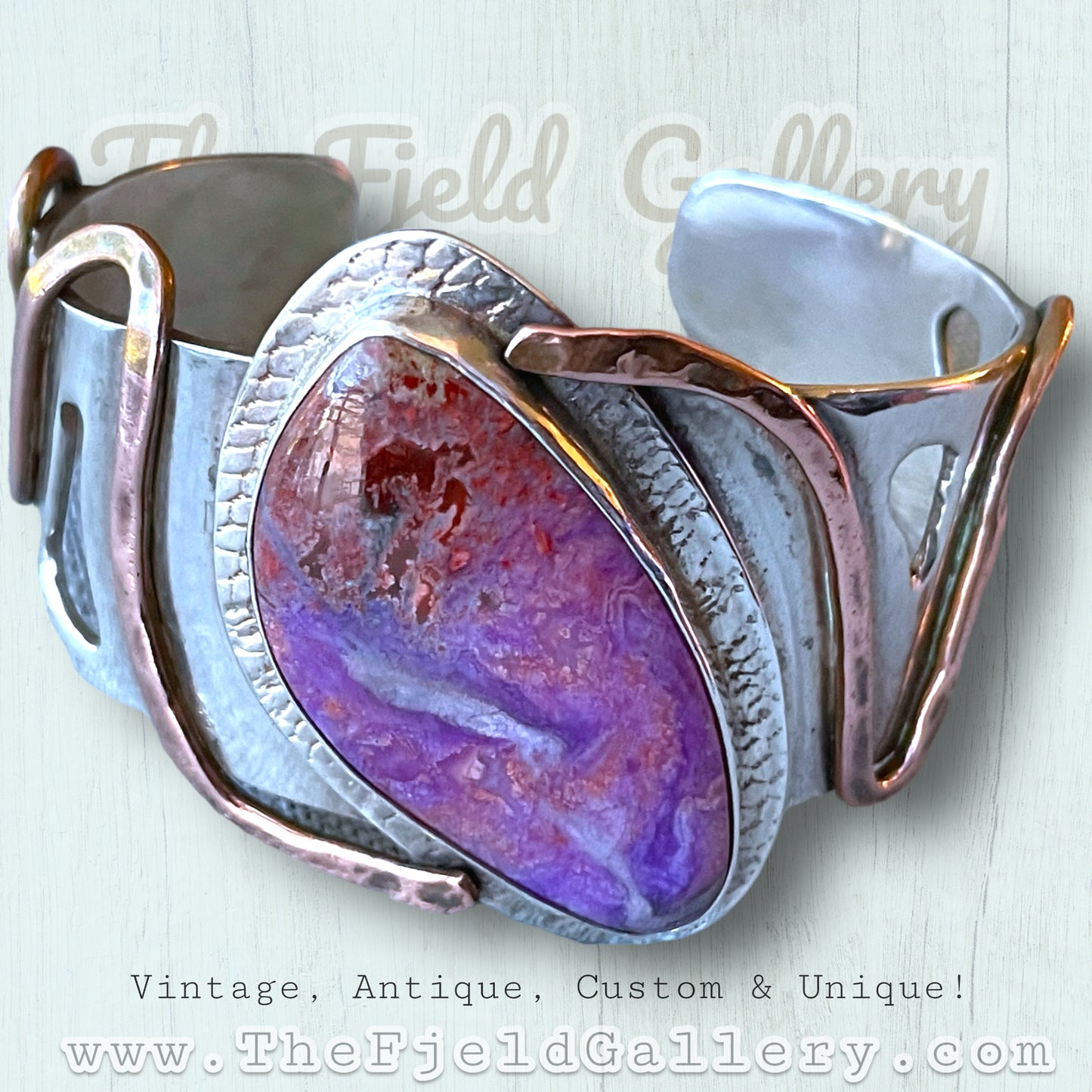 Vintage Sterling, Copper & Brass Purple Jasper Gemstone Cuff Bracelet