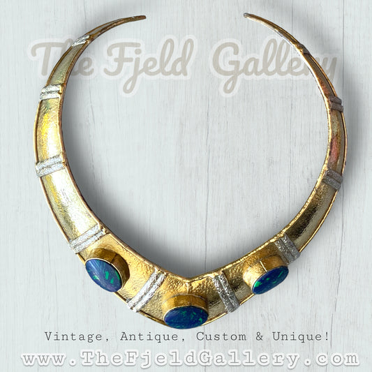 Vintage Brass & Silver Chunky Collar Necklace with Azurite Blue & Green Gemstones