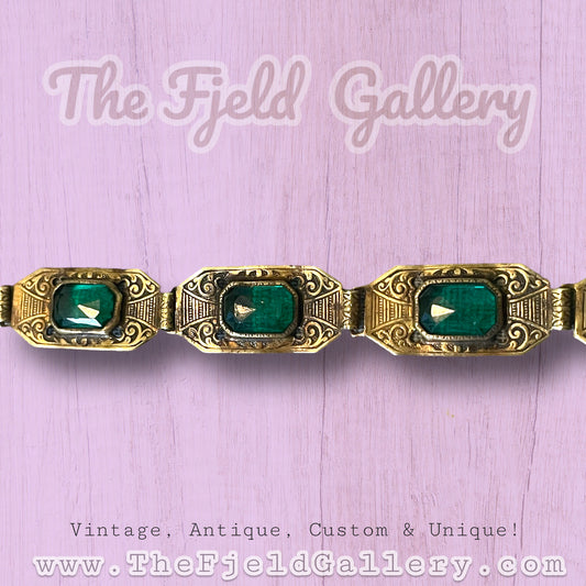Vintage Czech Emerald Faceted Art Glass Bezel Set in Embossed Brass Bracelet