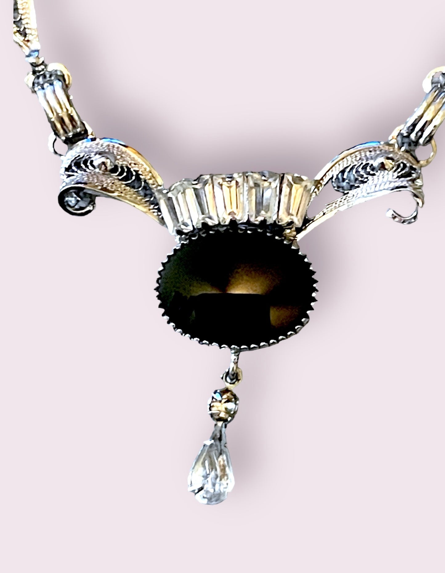 Vintage Onyx & Crystal Amy Lee Sterling Filigree Necklace