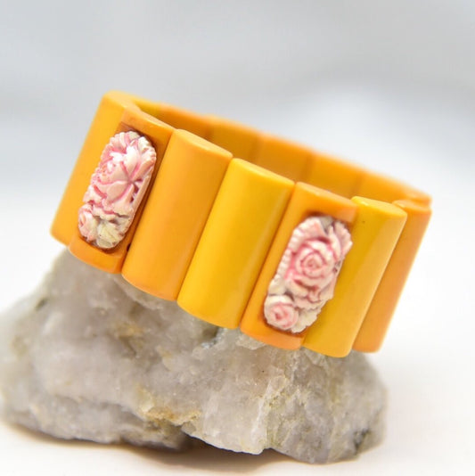 Antique Butterscotch & Pink Molded Rose Bakelite Link Bracelet