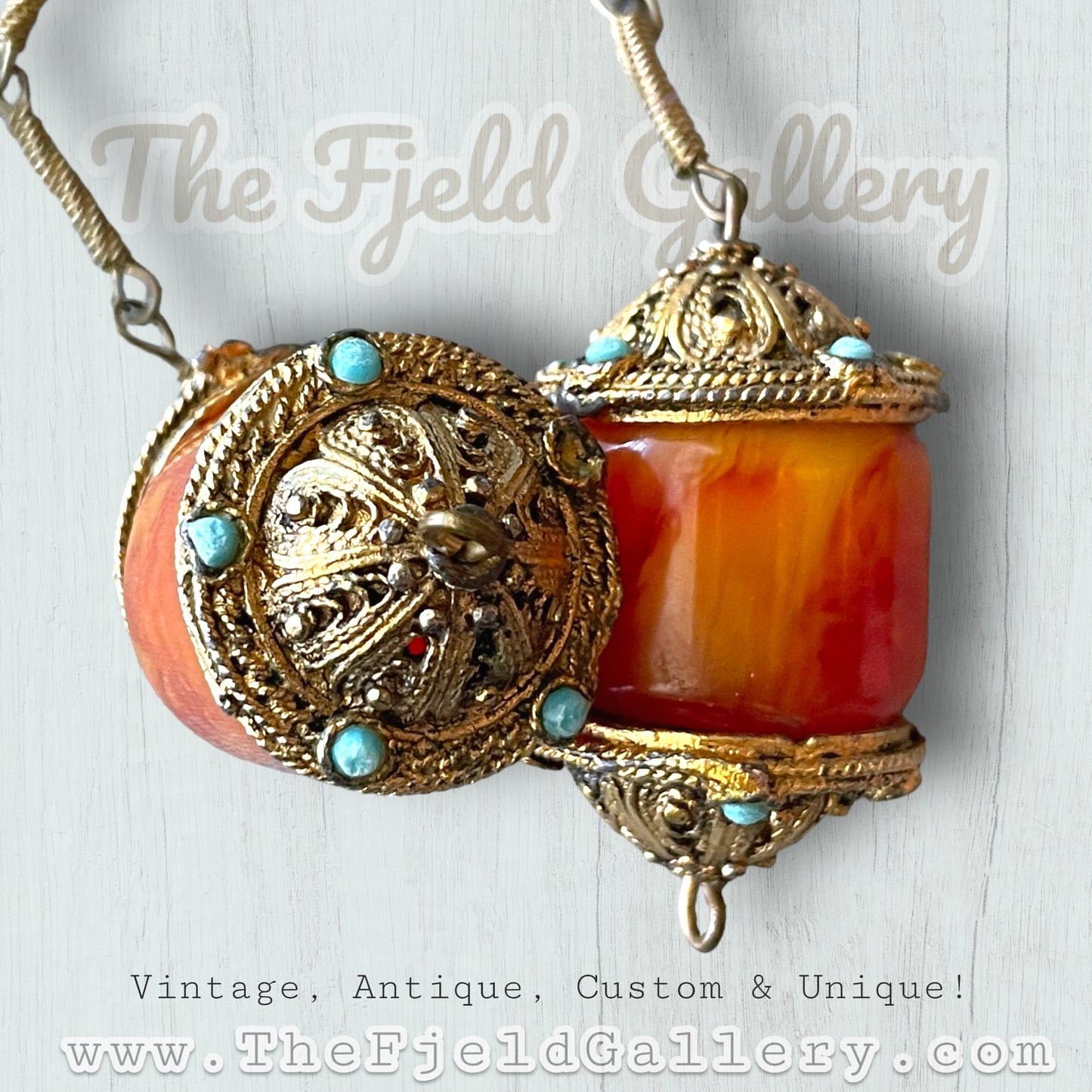 Vintage Gold Filigree Orange Marble & Turquoise Lariat Necklace