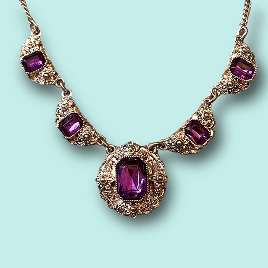 Art Nouveau Purple Art Glass & Gold Daisy Necklace