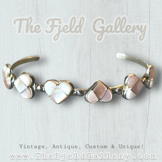 Vintage Sterling Sulver Oink Mother of Pearl Heart Cuff Bracelet