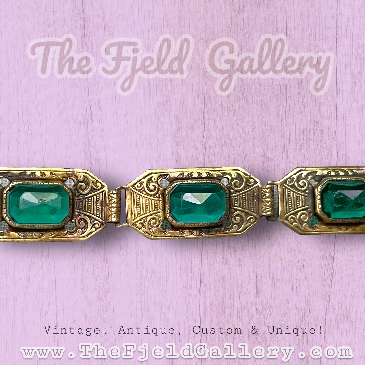 Vintage Czech Emerald Faceted Art Glass Bezel Set in Embossed Brass Bracelet