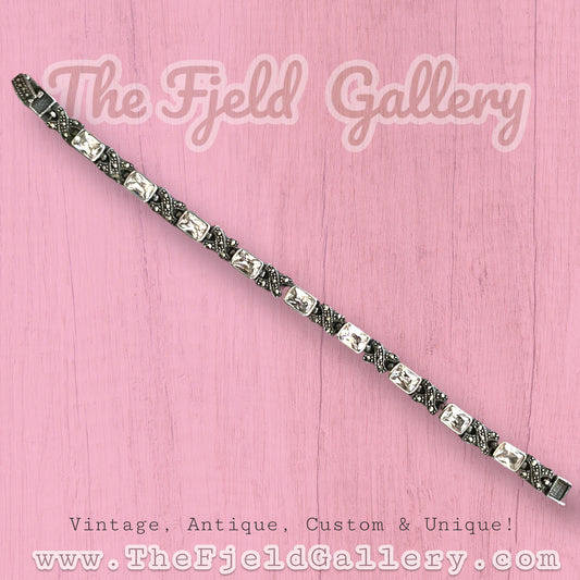 Vintage Sterling Silver, White Topaz & Marcasite Tennis Bracelet