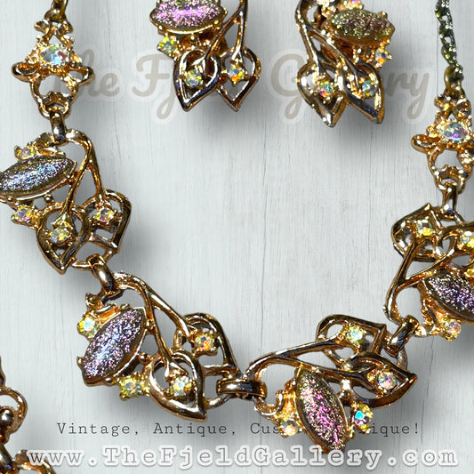 Hollywood Regency Rose Gold Tone Aurora Borealis Crystal & Carnival Art Glass Fruit Salad Necklace, Bracelet and Earring Parure Set