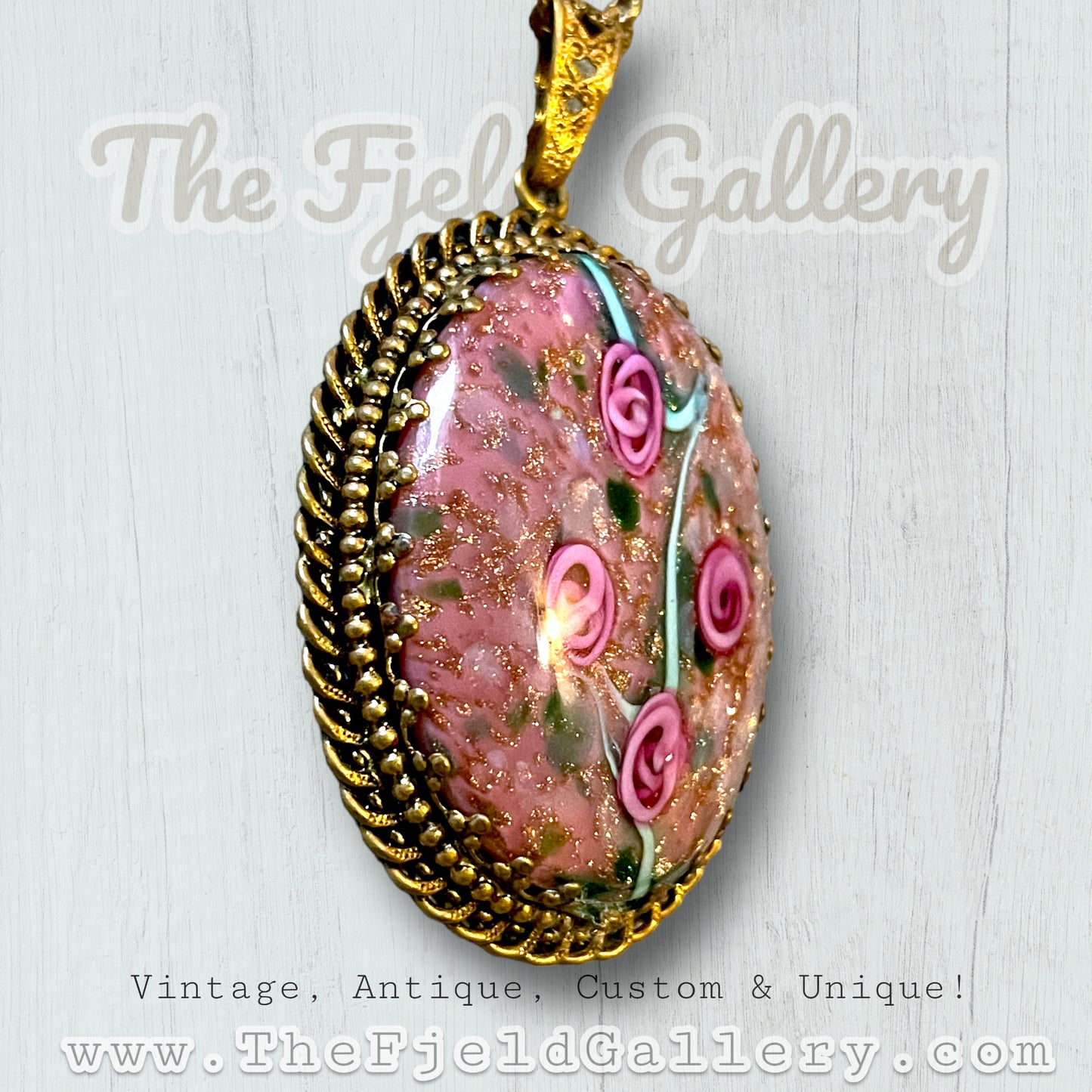 West German Purple & Gold Foil Rose Flower Art Glass Cabochon in Gilded Gold Brass Setting Necklace