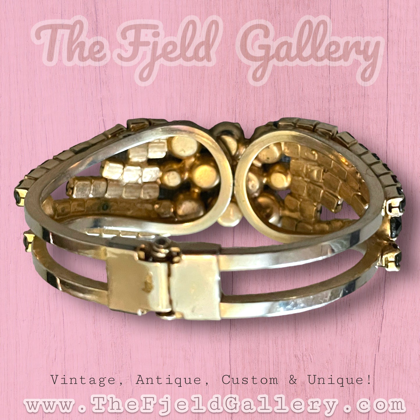 Vintage Black Prong Set Crystal Gold Hinged Clamper Bangle Bracelet
