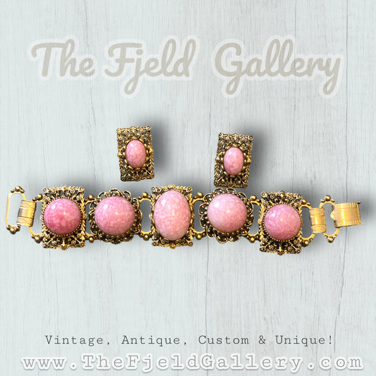 Vintage Pink Czech Art Glass Bezel Set in Gilded Ornate Brass Chunky Bracelet & Earring Set