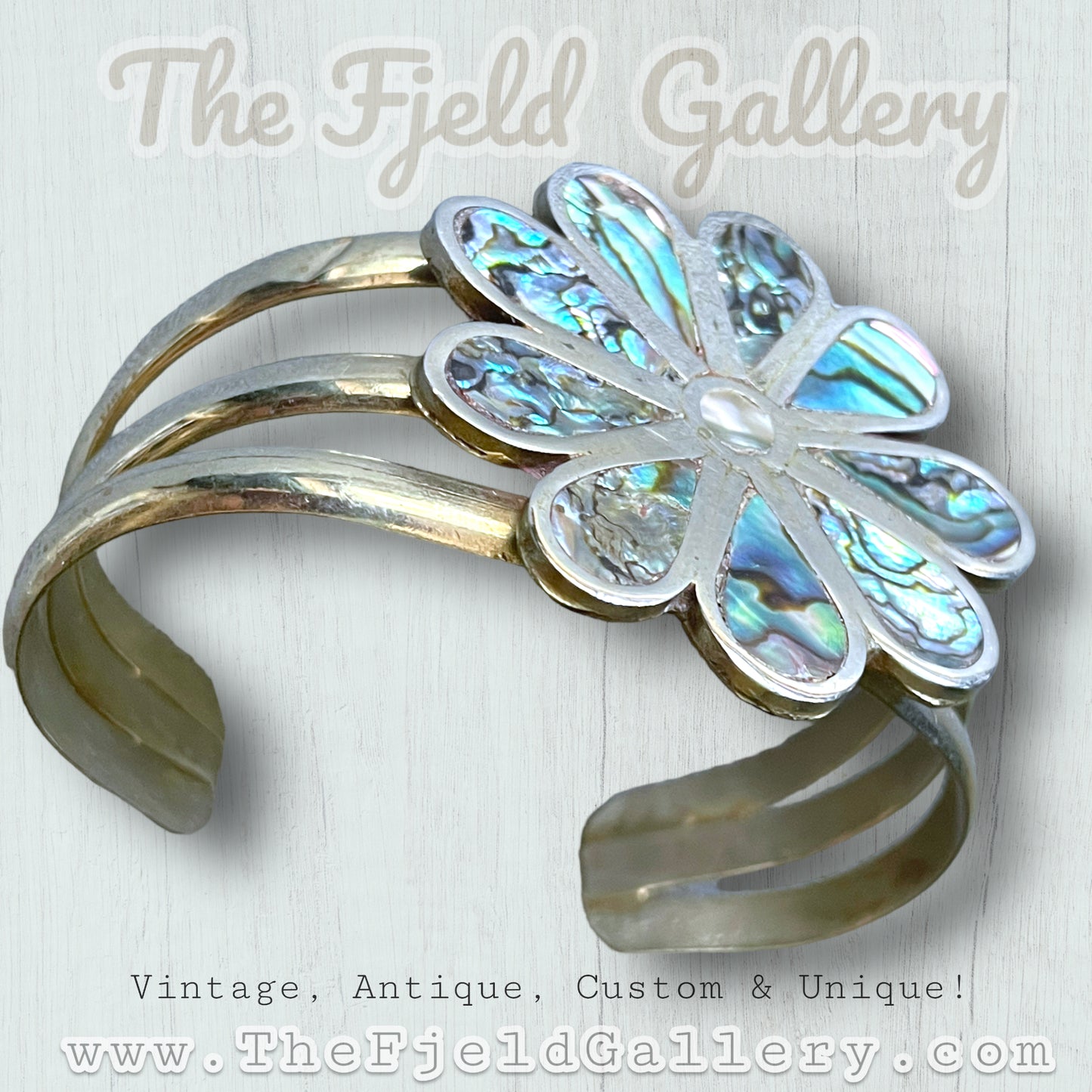 Vintage Sterling Silver Abalone Daisy Flower Cuff Bracelet