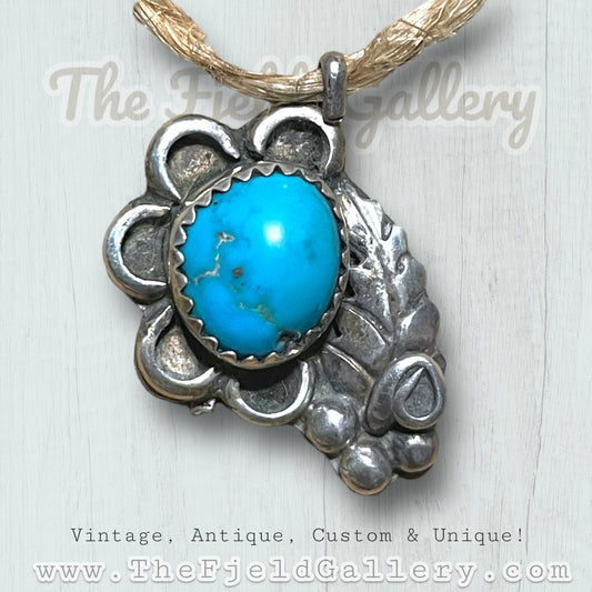 Native American Sterling Silver and Turquoise gemstone flower necklace pendant