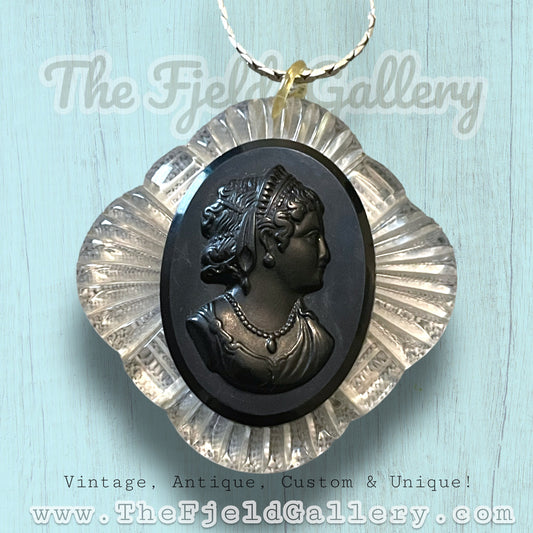 Antique 1920’s Celluloid & Lucite Molded Plastic Black & Clear Mourning Cameo Necklace