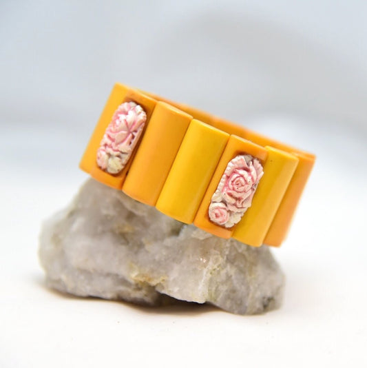 Antique Butterscotch & Pink Molded Rose Bakelite Link Bracelet