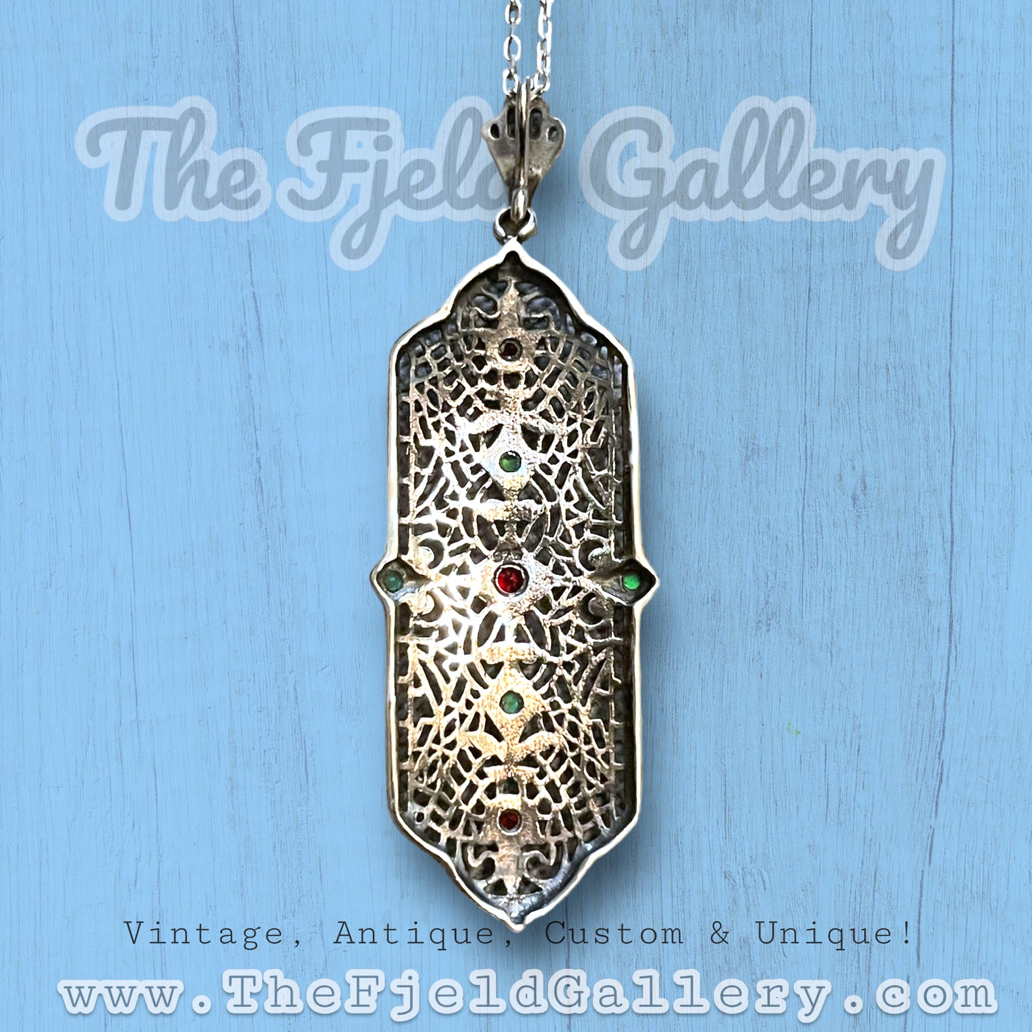 Sterling Silver Filigree Necklace with Green Fire Opal & Ruby Gemstones