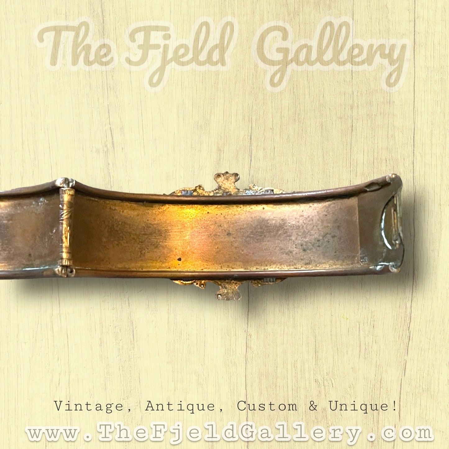 Vintage Brass Filigree Hinged Bangle Bracelet with Coral Celluloid Rose